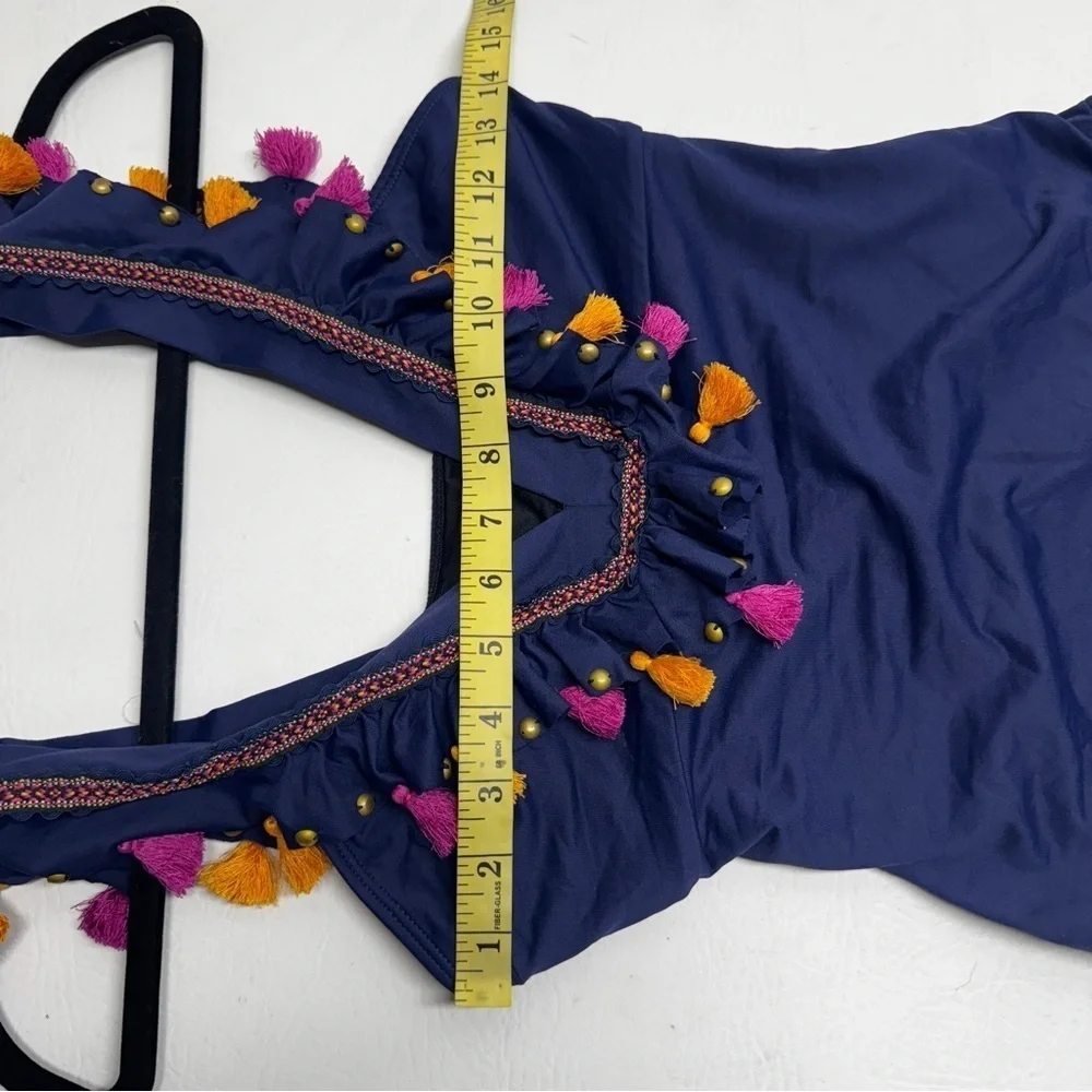 ONDA DE MAR Women’s size M Navy Swimsuit with Colorful Tassels